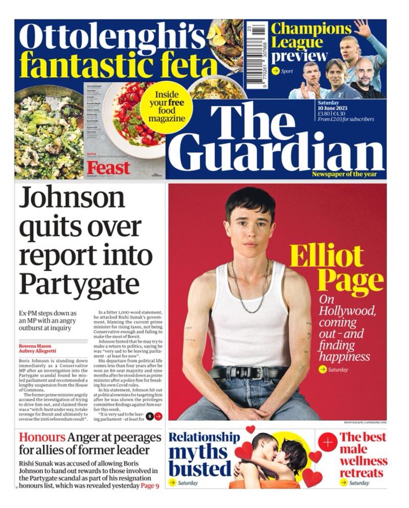 The Guardian, Saturday June 10th 2023, on former British prime minister Boris Johnson resigning as MP.