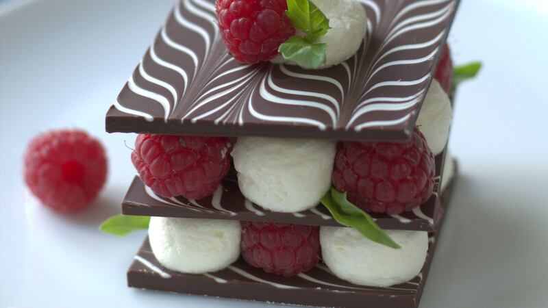Chocolate raspberry mille feuille: when melting the chocolate, ensure the bowl is not touching the water.