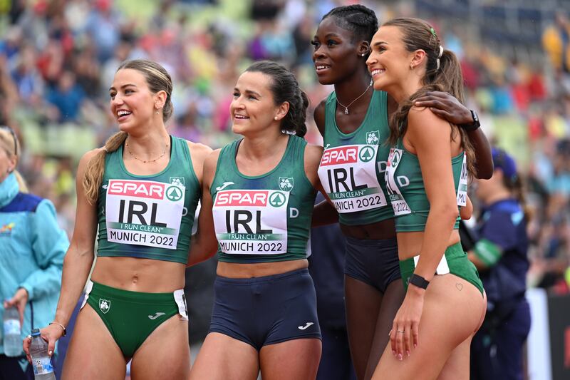 Sophie Becker, Phil Healy, Rhasidat Adeleke and Sharlene Mawdsley of Ireland celebrate following the Women's 4 x 400m Relay at the European Championships in Munich in August 2022. Photograph: Matthias Hangst/Getty Images