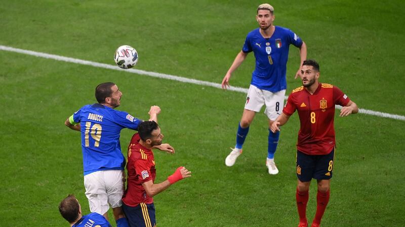 Italy’s Leonardo Bonucci commits a foul  on Spain’s Sergio Busquets that led to his sending off for a second yellow card during the Uefa Nations League semi-final  match  at the San Siro in Milan. Photograph:  Marco Bertorello/AFP via Getty Images