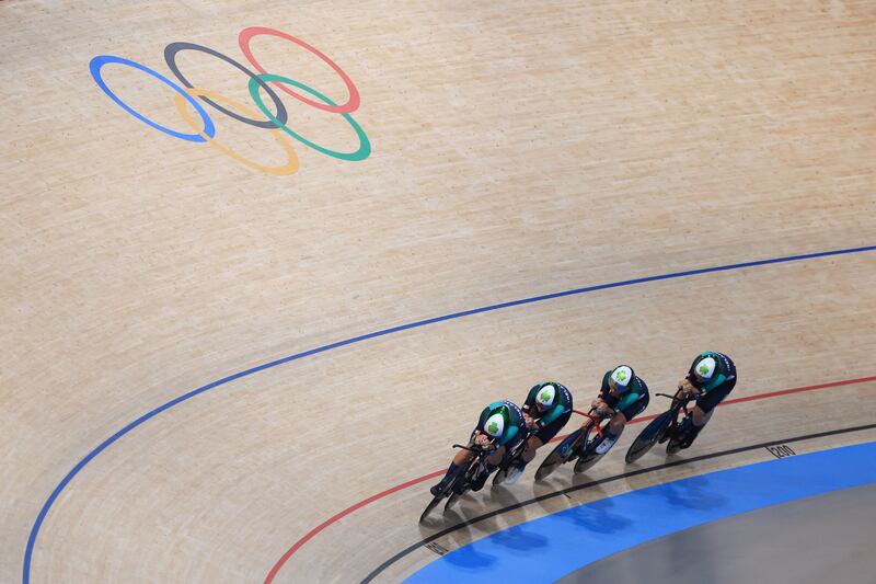 Ireland's Lara Gillespie, Mia Griffin, Kelly Murphy and Alice Sharpe compete in a women's track cycling team pursuit qualifying round. Photograph by Emmanuel Dunand/AFP via Getty
