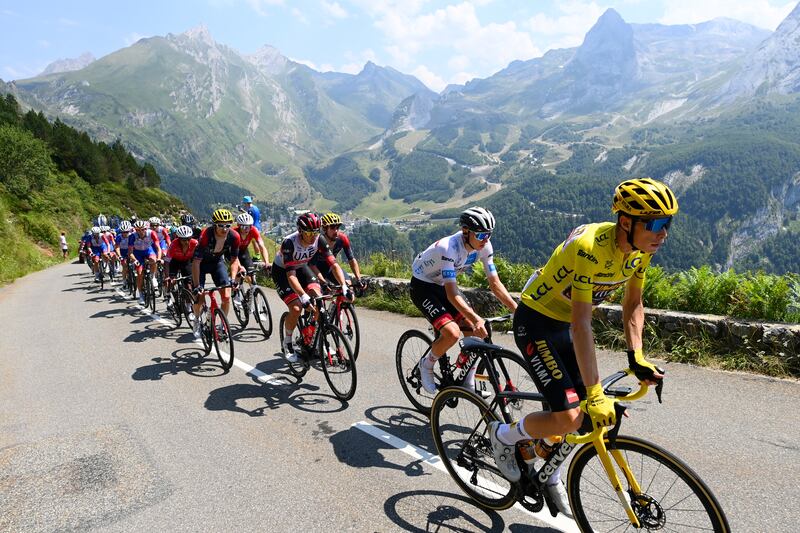 (L-R) Geraint Thomas, Brandon Mcnulty, Tadej Pogacar and Jonas Vingegaard Rasmussen. Photograph: Tim de Waele/Getty Images