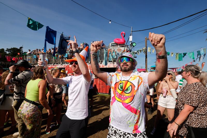 Glen Carey from Swords and Thomas McNamara from Clare enjoy the Luna Boys at the Trailer Park on the third day at Electric Picnic, Stradbally. Photograph: Alan Betson
