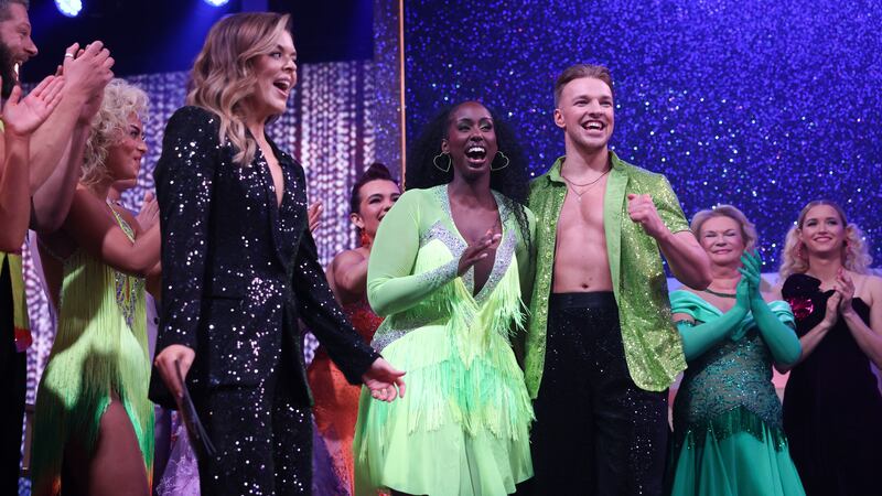Six O’Clock Show Host Katja Mia dancing with her partner Ervin’s Merfeldas during Dancing with the Stars. Photograph: Kyran O’Brien/kobpix
