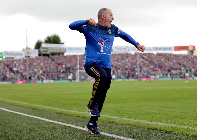 Tipperary’s manager Liam Cahill celebrates during Tipperary vs Limerick at the Munster GAA Senior Hurling Championship. Photograph: James Crombie/Inpho