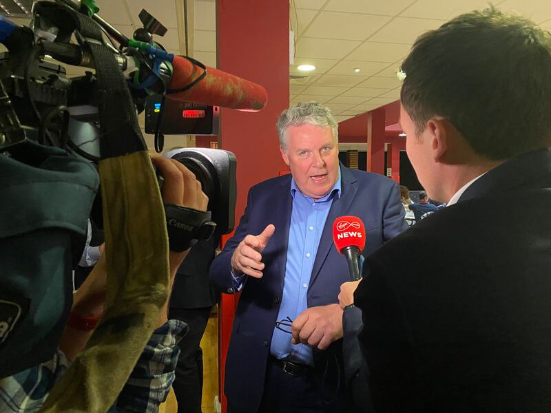 Independent Ireland candidate for Europe Ciarán Mullooly speaks to the media at the  Midlands North West count centre in Castlebar on Monday, June 10th. Photograph: Fiachra Gallagher