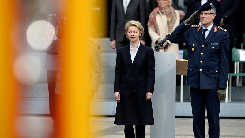German minister of defence Ursula von der Leyen  and Lieut Gen Ludwig Leinhos: “We have to be ready for everything from hacker attack to state attacks. If hackers manage to get into the on-board computer of a jet, human lives are at risk,” says Lieut Gen Leinhos. Photograph: Sascha Steinbach