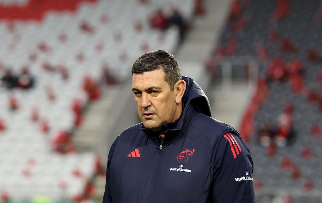 Munster head coach Clayton McMillan inspects the pitch at Páirc Uí Chaoimh ahead of the Champions Cup game against Gloucester. Photograph: Dan Sheridan/Inpho