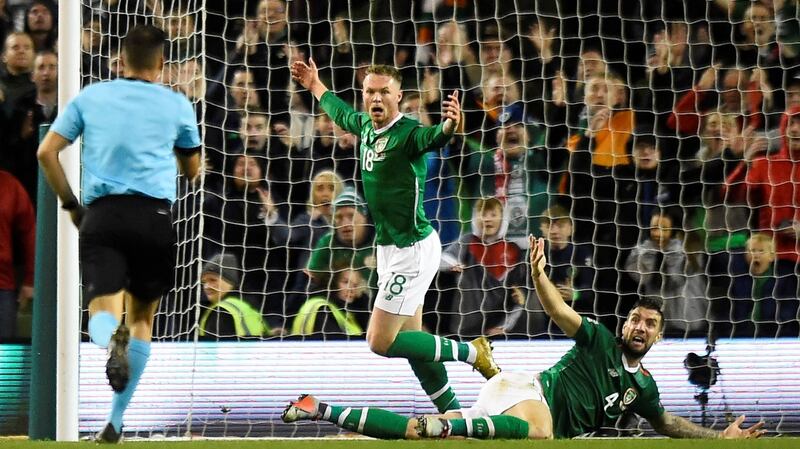 Republic of Ireland’s Aiden O’Brien and Shane Duffy appeal to the referee  during the Nations League game against  Denmark at the Aviva Stadium. Photograph:  Reuters/Clodagh Kilcoyne