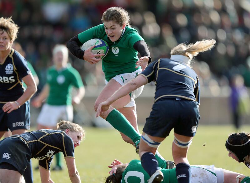 Fiona Coghlan, Ireland captain, in action during the comprehensive win over Scotland. 'Afterwards Scotland presented us with a quail or something, it’s essentially like a little silver bowl, we were pretending that it was the Triple Crown trophy and people did believe us.' Photograph: Dan Sheridan/Inpho 