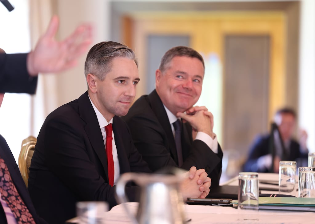 08/09/2025. - NEWS -
Tanaiste Simon Harris TD with Paschal Donohoe, TD Minister for Finance, at the Fine Gael Parliamentary Party Meeting (Think In) in the Mullingar Park Hotel, Co. Westmeath.
Photograph: Dara Mac Dónaill / The Irish Times