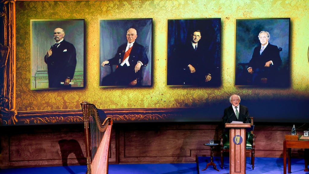 President Michael D. Higgins speaking at the commemoration in the round room at the Mansion House in Dublin of the centenary of the first Dáil. Photograph: Maxwells/PA Wire.