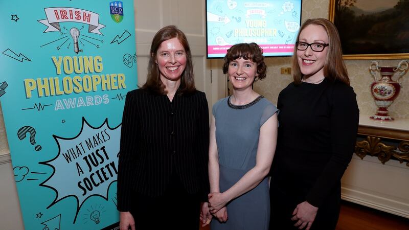 Dr Danielle Petherbridge, Dr Áine Mahon and Elizabeth O’Brien at Áras an Uachtaráin to mark World Philosophy Day and launch the the Irish Young Philosopher Awards. Photo: Maxwells