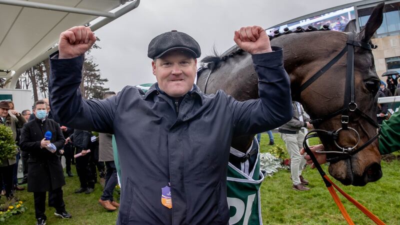 Gordon Elliott celebrates Conflated’s Irish Gold Cup win at Leopardstown. Photograph: Morgan Treacy/Inpho