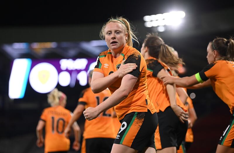 Amber Barrett celebrates after scoring her side's winning goal during the Fifa Women's World Cup 2023 play-off match with Scotland at Hampden Park in Glasgow on October 11th, 2022. Photograph: Stephen McCarthy/Sportsfile