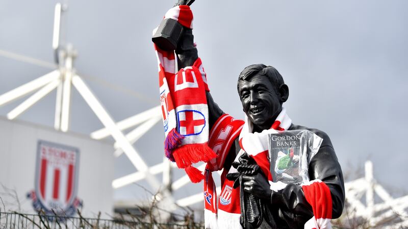 Tributes have been  laid in memory of former Stoke City and England goalkeeping legend Gordon Banks outside the club’s stadium on Tuesday. Photograph: Nathan Stirk/Getty Images