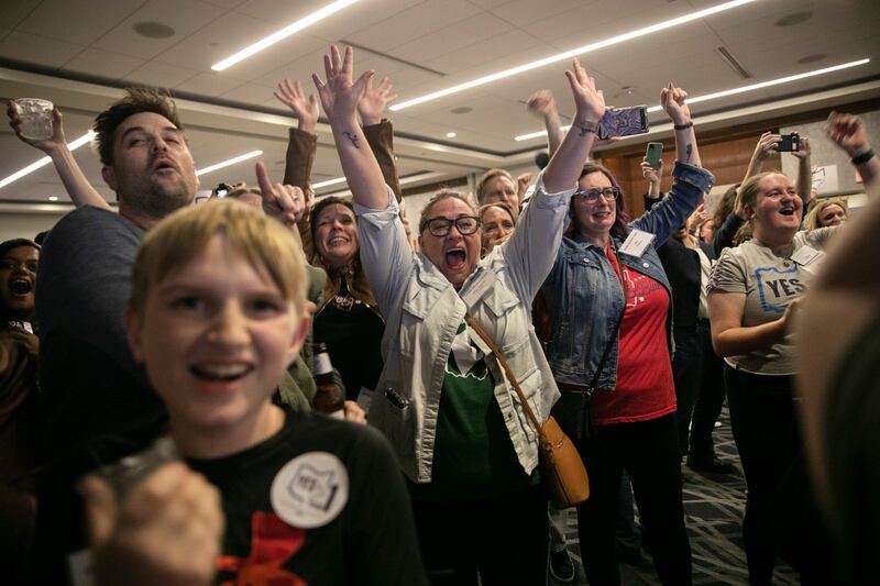 People celebrate after Issue 1 passes, which establishes a constitutional right to abortion in Ohio. Photograph: Maddie McGarvey/New York Times