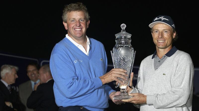 Colin Montgomerie  and Bernhard Langer  with the trophy after both shared  the Volvo Masters at  Valderrama in November  2002. Photograph:  Andrew Redington/Getty Images