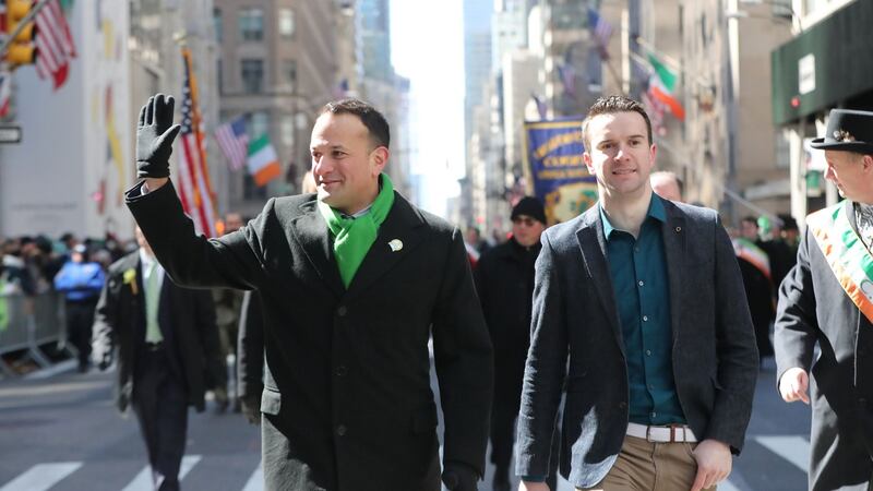 Taoiseach Leo Varadkar with his partner Matt Barrett  in the St Patrick’s Day parade in New York in 2018. File photograph: Niall Carson/PA Wire