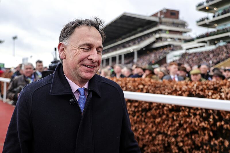 Henry de Bromhead reacts after Slade Steel, with Rachael Blackmore on board, wins the Supreme Novices' Hurdle at Cheltenham in 2024. Photograph: Tom Maher/INPHO