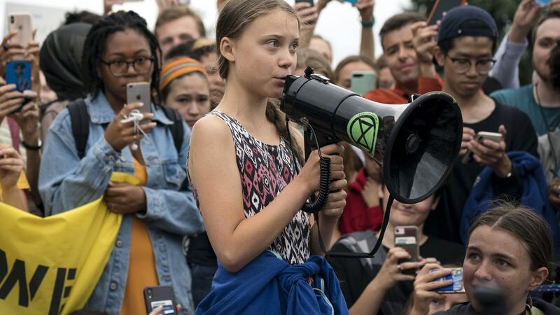 Teenage Swedish climate activist Greta Thunberg: Klein writes admiringly about her extraordinary single-mindedness in a distracted world. Photograph: Sarah Silbiger/Getty