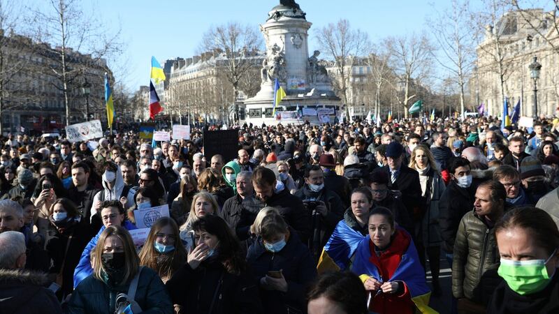 Protest at  Place de la République in Paris on Saturday. Photograph: Adrienne Surprenant/AP Photo