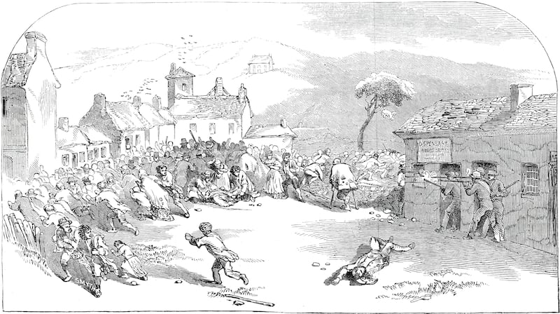 Conflict: 10 men and a woman were reportedly killed in Ballinhassig, Co Cork, in June 1845, when the Royal Irish Constabulary opened fire during a riot. Illustration: Illustrated London News/Heritage via Getty