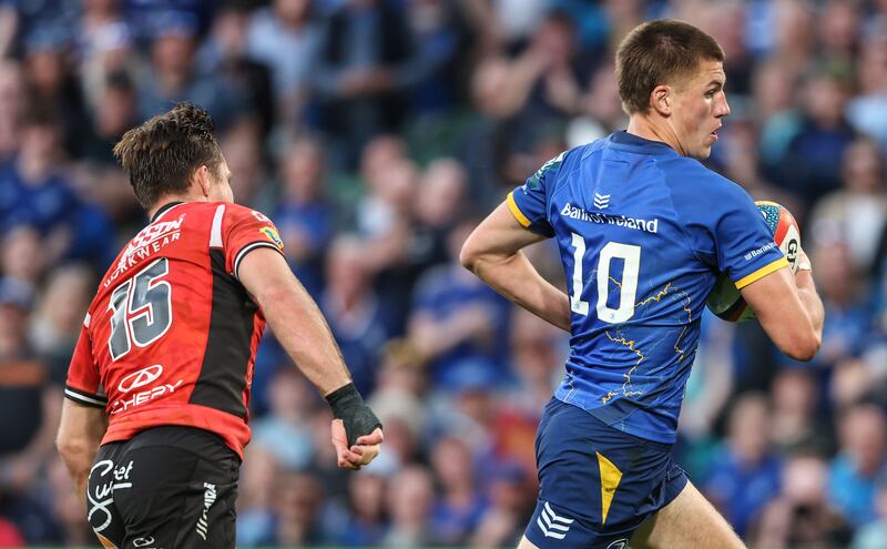 Leinster's Sam Prendergast on his way to scoring his side's fifth try of the match. Photograph: Dan Sheridan/Inpho