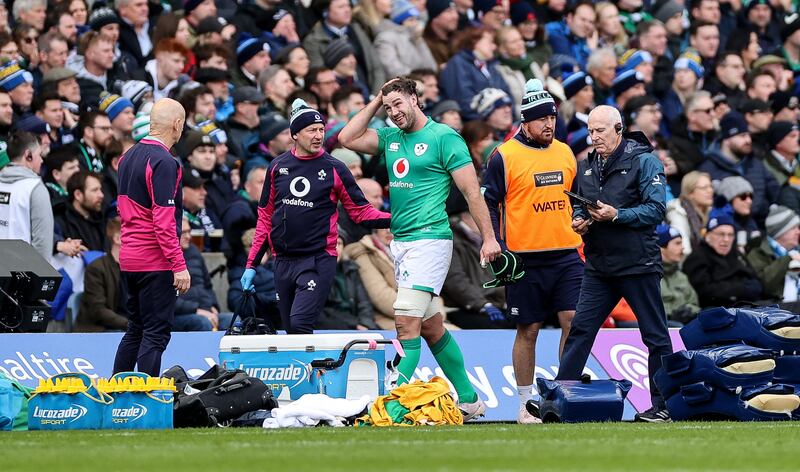 Ireland’s Caelan Doris goes off injured during his team's win over Scotland. Photograph: James Crombie/Inpho