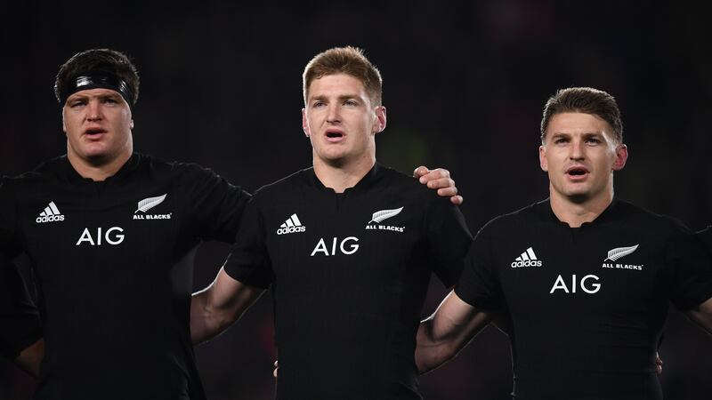 From left, Scott Barrett, Jordie Barrett and Beauden Barrett sing the national anthem ahead of their clash with Samoa last week. Photo: Stephen McCarthy/Sportsfile via Getty Images