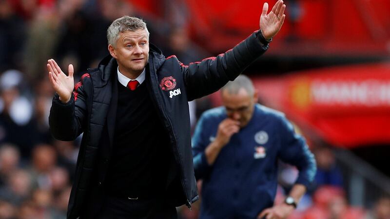 Ole Gunnar Solskjaer during Manchester United’s draw with Chelsea. Photograph: Phil Noble/Reuters