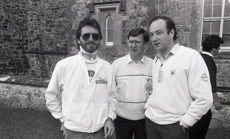 Henry Mount Charles (left), Donie Cassidy, Michael Keating TD at the Queen concert in Slane Castle, 1986. Photograph: Martin Nolan/Independent News And Media/Getty Images