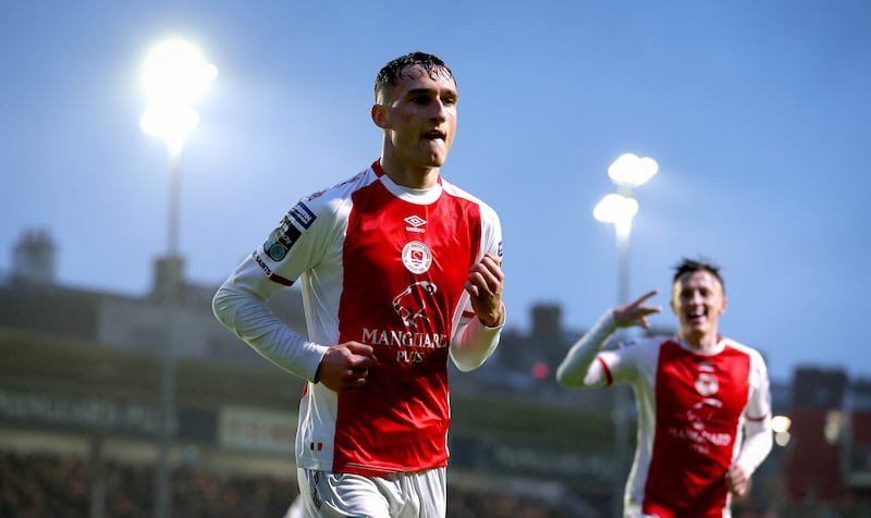 St Pat's forward Mason Melia celebrates after scoring against Shamrock Rovers this season. Melia will join Tottenham Hotspur next January. Photograph: Ryan Byrne/Inpho