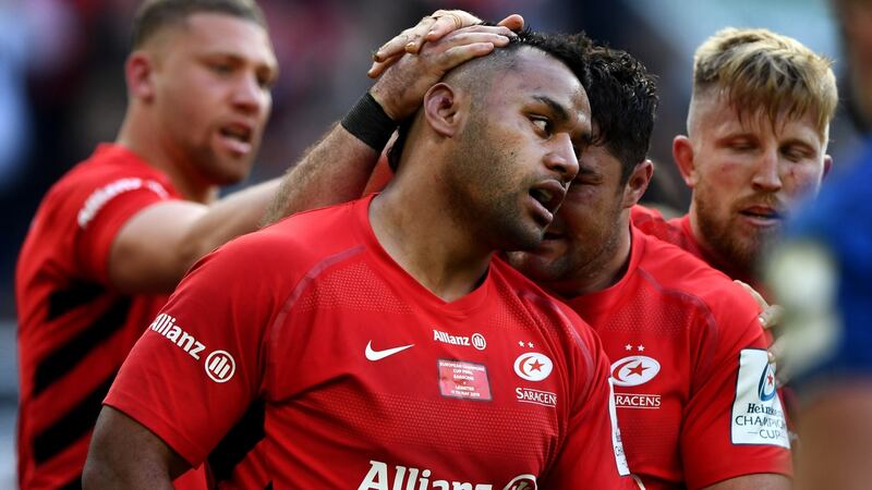 Billy Vunipola of Saracens is congratulated after scoring his try. Photograph:  Stu Forster/Getty Images