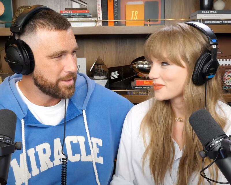 Travis Kelce and Taylor Swift on the New Heights podcast, which Kelce co-hosts with his brother, Jason. Photograph: Youtube/New Heights