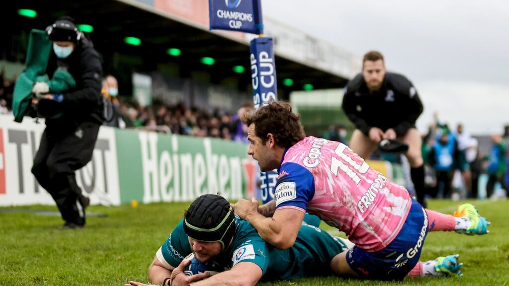 Connacht’s Eoghan Masterson scores the bonus point try. Photograph: James Crombie/Inpho