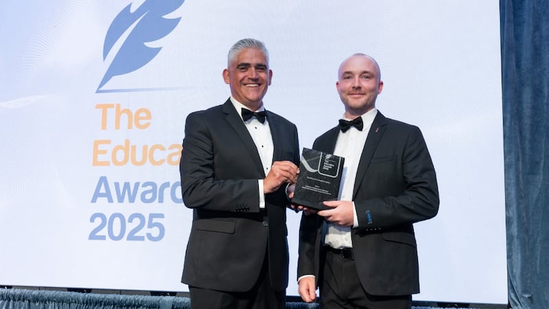 Donal McAlister, awards judge, presents the excellence in health & safety to Thomas Hickey, commercial partnership lead at Business River on behalf of Coillte & Cobblestone Learning