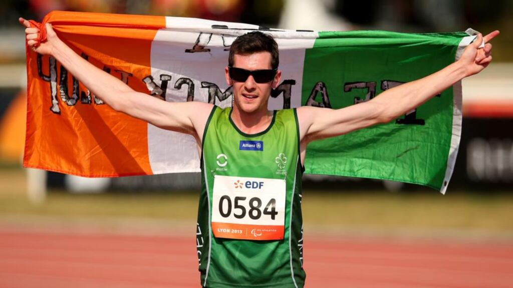 Michael McKillop celebrates after winning the men’s 1500 metres T38 final at the IPC Athletics World Championships in Lyon, France. Photograph: Julian Finney/Getty Images