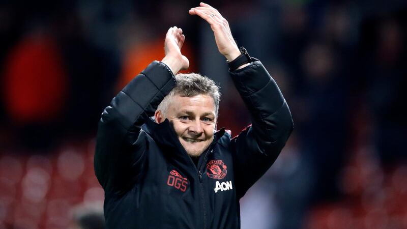 Manchester United interim manager Ole Gunnar Solskjær celebrates the win after the Premier League match against Newcastle. Photograph:  Martin Rickett/PA Wire