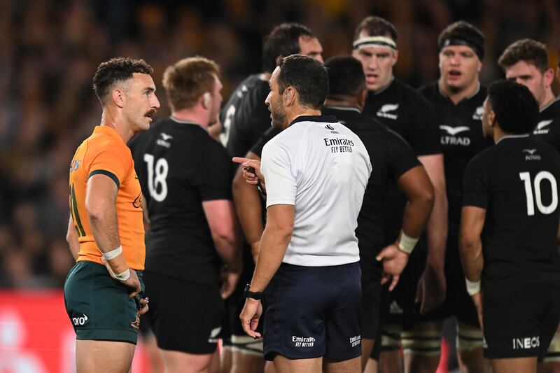 Nic White of the Wallabies talks to referee Mathieu Raynal during the Bledisloe Cup match between Australia and New Zealand in Melbourne on September 15th. Photograph: Morgan Hancock/Getty Images