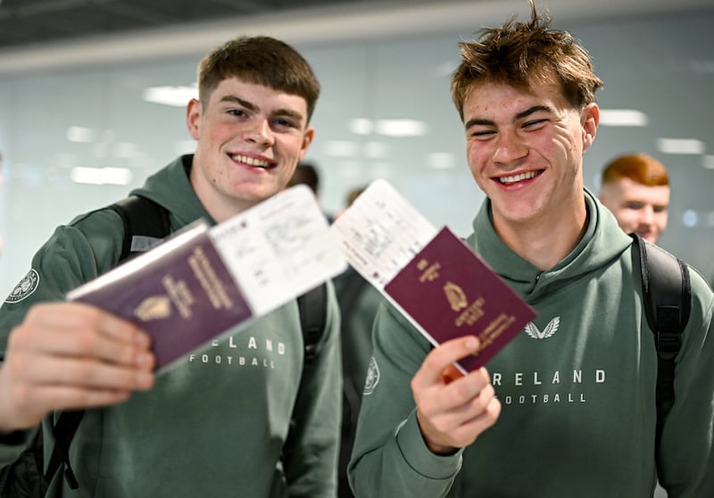 Vinny Leonard on the left at Dublin Airport ahead of the Republic of Ireland under-17s flight to Qatar. Photograph: Seb Daly/Sportsfile