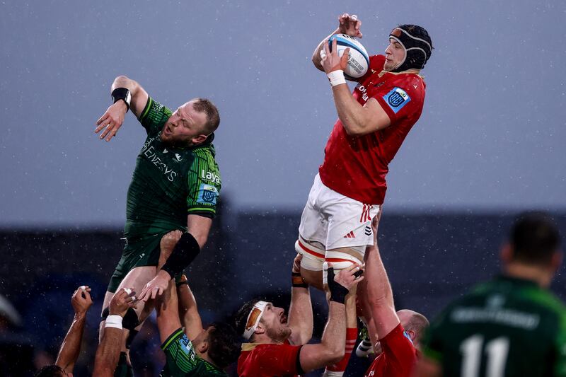 Connacht's Joe Joyce competes at the lineout with Gavin Coombes of Munster. Photograph: Ben Brady/Inpho