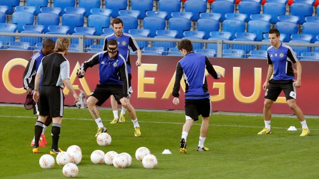 Chelsea’s Fernando Torres (third left) during a training session at St. Jakob Park stadium in Basel. Photograph: Arnd Wiegmann/Reuters