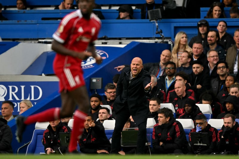 Liverpool's Dutch manager Arne Slot on the touchline at Stamford Bridge on Saturday. Photograph: Glyn Kirk/AFP via Getty Images          