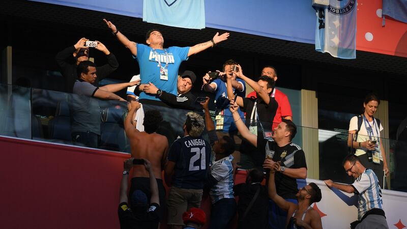 Diego Maradona gestures to the crowd ahead of the  2018 World Cup Group D  match between Argentina and Nigeria in St Petersburg. Photograph:  Olga Maltseva/AFP via Getty Images