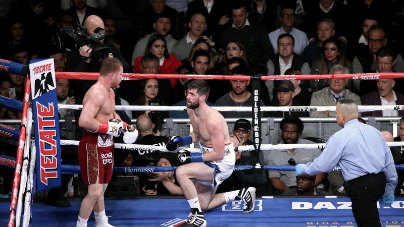 Saúl ‘Canelo’ Álvarez  knocks down  Michael ‘Rocky’ Fielding  during the WBA super-middleweight fight at Madison Square Garden in New York. Photograph: Peter Foley/EPA