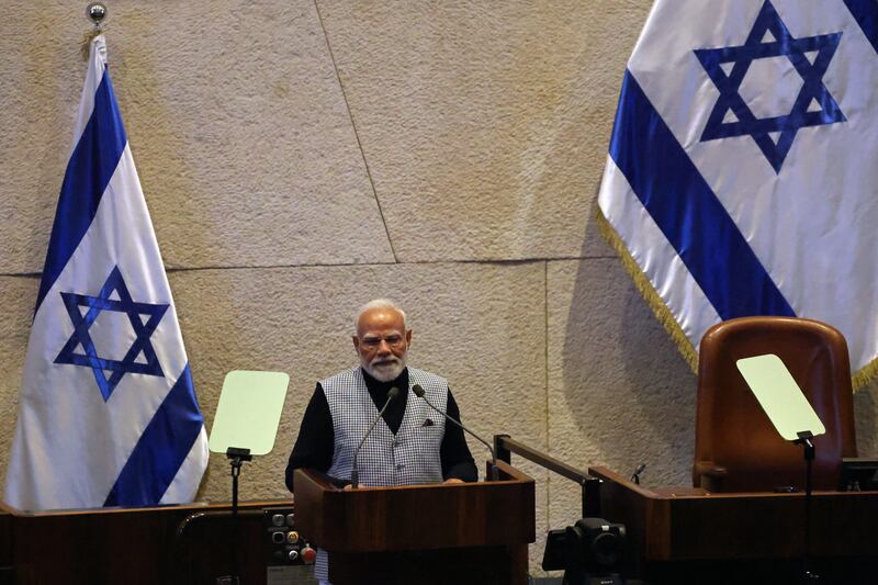 Modi addresses the Israeli parliament in Jerusalem on Wednesday. Photograph: Ilia Yefimovich/AFP via Getty