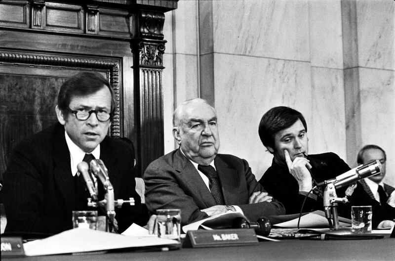 Howard Baker, on the left, and Chairman Sam Ervin, on the right, are asking questions during the Watergate Hearings against President Richard Nixon on June 1, 1973. (Photo by Owen Franken/Corbis via GettyImages)