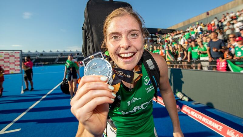 Katie Mullan celebrates with her silver medal after the World Cup final. Photograph: Morgan Treacy/Inpho