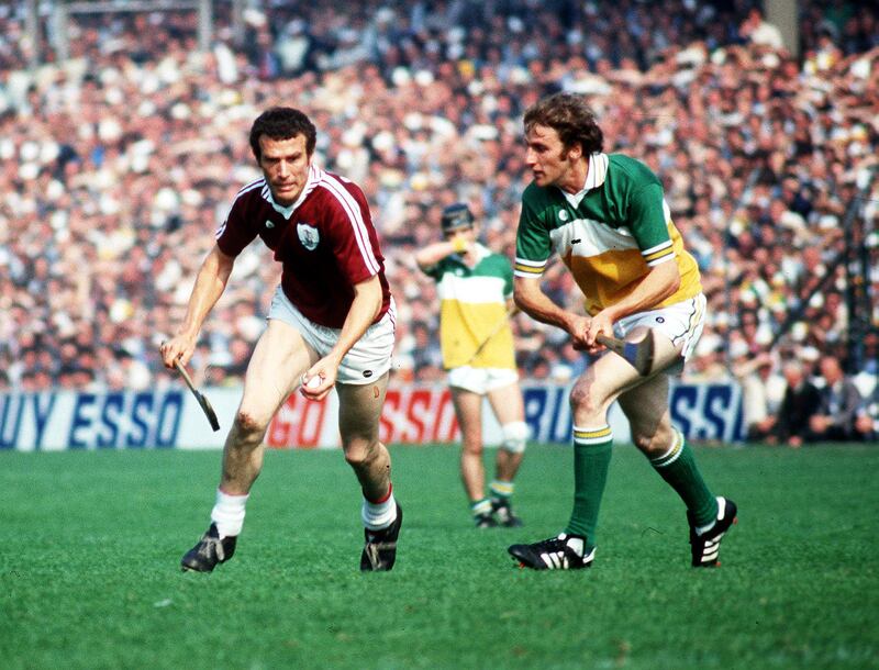 All Ireland Hurling Final 1981: Galway's John Connolly gets past Eugene Coughlan of Offaly. Photograph: INPHO/ Billy Stickland